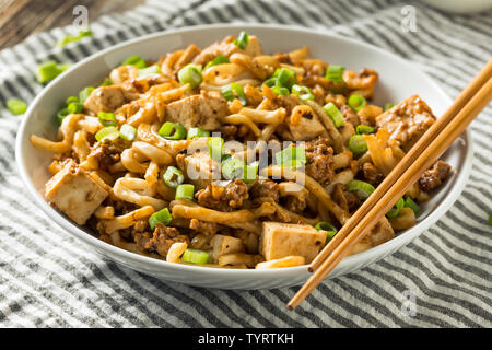 Homemade Japanese Mapo Tofu Udon Noodles Bowl Stock Photo