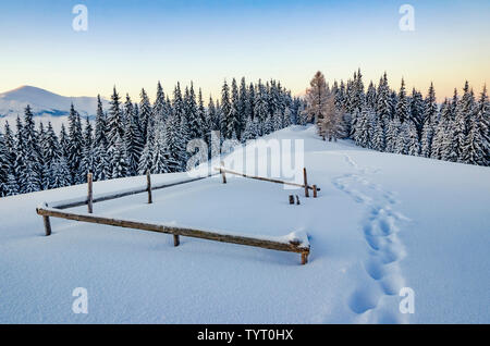 Cold winter morning in the mountains. Christmas fairytale. Stock Photo