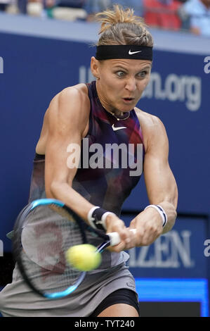 Lucie Safarova of the Czech Republic returns a shot by CoCo Vandeweghe of the United States during their 4th round match in Arthur Ashe Stadium at the 2017 US Open Tennis Championships at the USTA Billie Jean King National Tennis Center in New York City on September 4, 2017.         Photo by Ray Stubblebine/UPI Stock Photo
