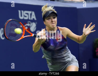 Elina Svitolina of Ukraine returns a shot from Madison Keys of the United States during their 4th round match in Arthur Ashe Stadium at the 2017 US Open Tennis Championships at the USTA Billie Jean King National Tennis Center in New York City on September 4, 2017.         Photo by Ray Stubblebine/UPI Stock Photo