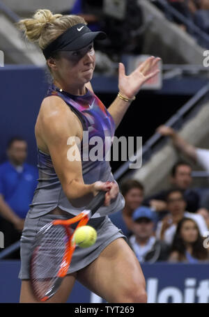 Elina Svitolina of Ukraine returns a shot from Madison Keys of the United States during their 4th round match in Arthur Ashe Stadium at the 2017 US Open Tennis Championships at the USTA Billie Jean King National Tennis Center in New York City on September 4, 2017.         Photo by Ray Stubblebine/UPI Stock Photo