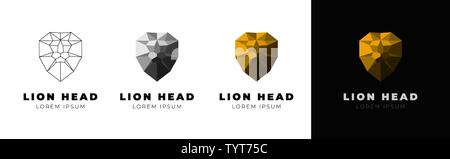 Creative geometric polygonal triangular lion head set. Linear contour gray gold versions. Vector wild animal illustration emblem Stock Vector