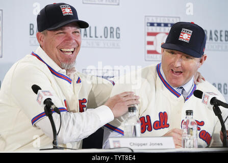 Jim Thome answers questions wearing his Hall Of Fame Jersey and Hat at the  National Baseball Hall of Fame and Museum class of 2018 press conference at  the St. Regis Hotel in