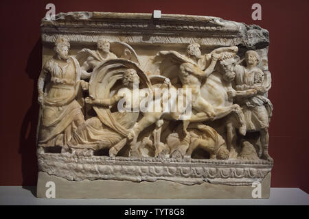 Punishment of Dirce by brothers Amphion and Zethus depicted on the front of the Etruscan alabaster cinerary urn dated from around 120-110 BC found in Volterra, Italy, now on display in the Altes Museum in Berlin, Germany.