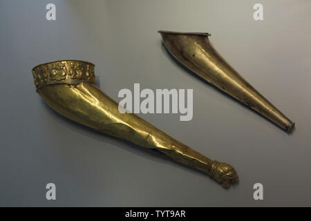 Scythian golden drinking horns from the Maikop Treasure on display in the Altes Museum in Berlin, Germany. The Maikop Treasure dated from around 450 BC was found in 1913 in Kuban Region, Russia. Stock Photo