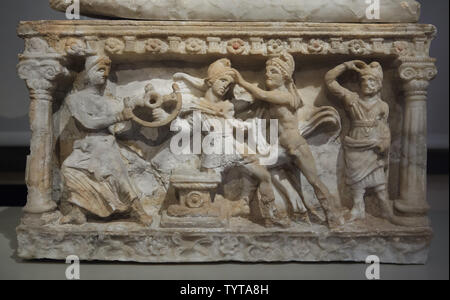 Death of Myrtilus depicted on the front on the Etruscan alabaster cinerary urn from the grave of the Calisna Sepu family dated from around 150 BC found in Malacena (Monteriggioni), now on display in the Altes Museum in Berlin, Germany. Stock Photo