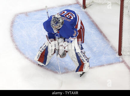 New York Rangers Alexandar Georgiev stands in the crease in the first period against the Minnesota Wild at Madison Square Garden in New York City on February 23, 2018.     Photo by John Angelillo/UPI Stock Photo