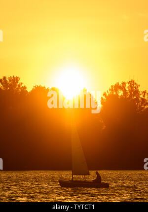 Hanover, Germany. 26th June, 2019. A man is sailing on the Maschsee at sunset with a sailboat. Credit: Christophe Gateau/dpa/Alamy Live News Stock Photo