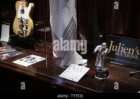 Cloths, Awards, Musical Instruments and Rock and Roll memorabilia are on display at a press preview for Julien's Auctions 'Property From the Life and Career of Prince' music memorabelia auction at Hard Rock Cafe on May 14, 2018 in New York City. The auction takes place 18 May, 2018.     Photo by John Angelillo/UPI Stock Photo