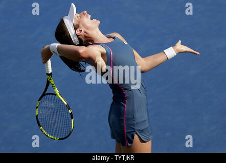 Johanna Konta of the United Kingdom serves in her first round straight sets defeat to Caroline Garcia of France in the Grandstand at the 2018 US Open Tennis Championships at the USTA Billie Jean King National Tennis Center in New York City on August 28, 2018.      Photo by John Angelillo/UPI Stock Photo