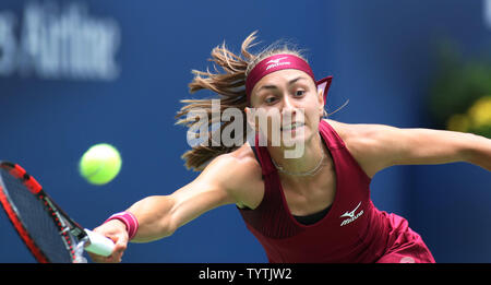 Aleksandra Krunic of Serbia returns the ball to Madison Keys of the USA in their third round match in Arthur Ashe Stadium at the 2018 US Open Tennis Championships at the USTA Billie Jean King National Tennis Center in New York City on September 1, 2018.      Photo by Monika Graff/UPI Stock Photo