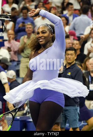 Serena Williams of the United States celebrates after she beat Anastasija Sevastova of Latvia in straight sets during their semi-final match in Arthur Ashe Stadium at the 2018 US Open Tennis Championships at the USTA Billie Jean King National Tennis Center in New York City on September 6, 2018.      Photo by Ray Stubblebine/UPI Stock Photo