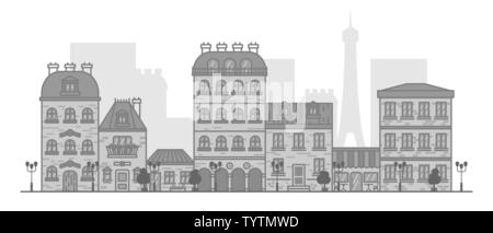 Flat linear panorama of the city landscape with buildings and houses. tourism, travel to Paris. Vector illustration Stock Vector