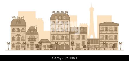Flat linear panorama of the city landscape with buildings and houses. tourism, travel to Paris. Vector illustration Stock Vector