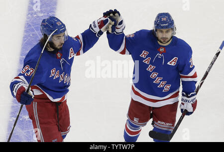 New York Rangers Mika Zibanejad celebrates his 2nd period goal with Mats Zuccarello against the Vegas Golden Knights at Madison Square Garden on December 16, 2018 in New York City.     Photo by John Angelillo/UPI Stock Photo