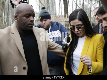 Emma Coronel, wife of the founder of the former Guadalajara Cartel Joaquín 'El Chapo' Guzman exits Federal Court in New York City on February 11, 2019. Jury deliberations in the trial of Mexican druglord Joaquin 'El Chapo' Guzman stretched into a second week Monday as jurors worked their way through the nearly two and a half months of testimony.      Photo by John Angelillo/UPI Stock Photo