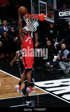 Toronto Raptors forward Kawhi Leonard (2) puts up a shot against Brooklyn Nets center Jarrett Allen (31) in the first half at Barclays Center in New York City on April 3, 2019.       Photo by Nicole Sweet/UPI Stock Photo
