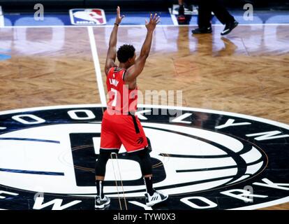 Toronto Raptors guard Kyle Lowry (7) reacts in the second half against the Brooklyn Nets at Barclays Center in New York City on April 3, 2019.       Photo by Nicole Sweet/UPI Stock Photo