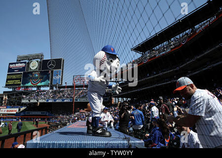 New York Mets mascot 'Mr. Met' entertains fans before the game between the Washington Nationals and the New York Mets on Opening Day at Citi Field on April 4, 2019  in New York City.      Photo by Peter Foley/UPI Stock Photo