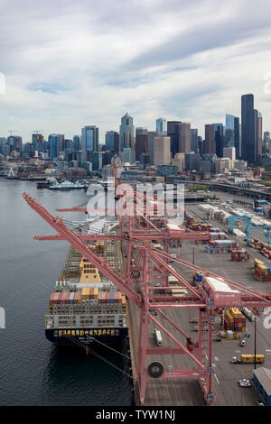 aerial view of container ship MSC Azov Valetta, Malta at industrial ...