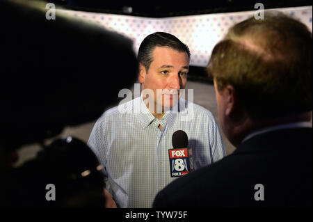 Republican presidential candidate Sen. Ted Cruz (R-TX) speaks to the media prior to the presidential debate in Cleveland, Ohio on August 6, 2015. Ten of the top Republican candidates will square off in the first primetime debate of the 2016 presidential election. Photo by Kevin Dietsch/UPI Stock Photo