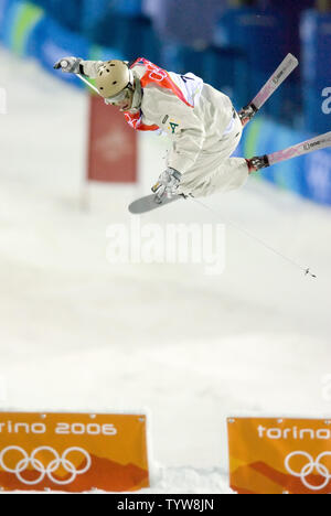 Dale Begg-Smith of the Australia comes off the second jump in men's freestyle skiing, moguls finals, going on to win gold at Sauze d'Oulx Jouvenceaux in the 2006 Torino Winter Olympic Games, February 15, 2006. (UPI Photo/Heinz Ruckemann) Stock Photo