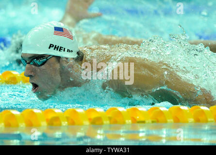 USA's Michael Phelps glides through the water during the butterfly portion of Heat 5 of the Men's 400M Individual Medley at the National Aquatics Center at the Summer Olympics in Beijing on August 9, 2008.  Phelps set an Olympic record of 4:07.82.  The finals are tomorrow and Phelps is expected to win the gold medal en route to a possible eight gold medals.    (UPI Photo/Pat Benic) Stock Photo