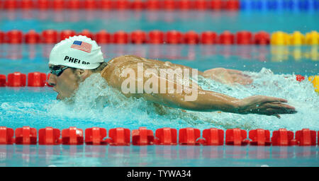 USA's Michael Phelps glides through the water during the butterfly portion of Heat 5 of the Men's 400M Individual Medley at the National Aquatics Center at the Summer Olympics in Beijing on August 9, 2008. Phelps set an Olympic record of 4:07.82. The finals are tomorrow and Phelps is expected to win the gold medal en route to a possible eight gold medals.   (UPI Photo/Roger L. Wollenberg) Stock Photo