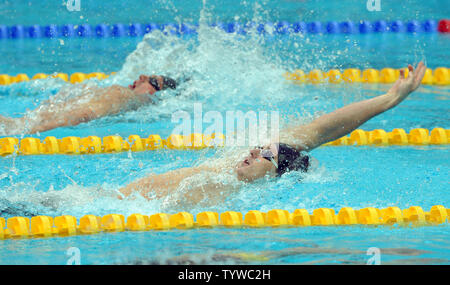 USA's Aaron Peirsol (R) and Ryan Lochte compete in the Men's 200M Backstroke at the National Aquatic Center (Water Cube) during the 2008 Summer Olympics in Beijing, China, on August 15, 2008. Peirsol won silver, Lochte the gold.   (UPI Photo/Roger L. Wollenberg) Stock Photo