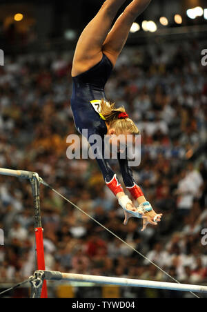 American gymnast Nastia Liukin performs her routine on the uneven bars during the Women's Uneven Bars Final at the National Indoor Stadium, August 18, 2008, at the Summer Olympics in Beijing, China. Despite being tied with China's He Kexin after their performances, the judges awarded the gold medal to He the silver to Liukin and China's Yang Yilin won the bronze.      (UPI Photo/Mike Theiler) Stock Photo