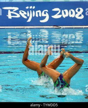 France's swimmers Apolline Dreyfuss and Lila Meessemann-Bakir compete in the Olympic women's Duet Free Routine final in Beijing August 20, 2008.  Russia took gold a score of 99.00, Spain took the silver with a score of 98.167 and China grabbed bronze with a score of 97.00  (UPI Photo/Stephen Shaver) Stock Photo