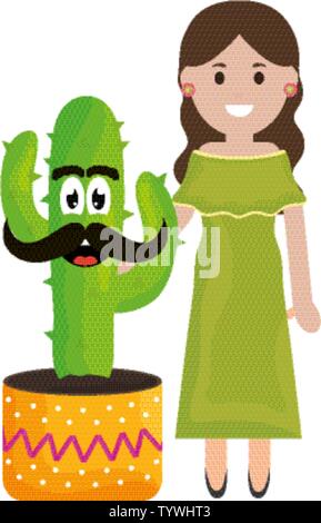 beautiful mexican woman with cactus characters vector illustration design Stock Vector