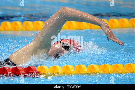 Great Britain's Rebecca Adlington plows through the water on her way to the bronze medal in the Women's 800M Freestyle Final at the Aquatics Center during the London 2012 Summer Olympics in Stratford, London on August 3, 2012.    UPI/Pat Benic Stock Photo