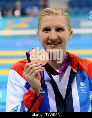 Bronze Medalist Great Britain's Rebecca Adlington shows her medal during the award ceremony for the Women's 800M Freestyle Final at the Aquatics Center during the London 2012 Summer Olympics in Stratford, London on August 3, 2012.    UPI/Pat Benic Stock Photo