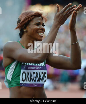 Blessing Okagbare of Nigeria celebrates after her heat for the Women's 100M  at the Track and Field competition at the Olympic Stadium in the London 2012 Summer Olympics on August 3, 2012 in London.   UPI/Terry Schmitt Stock Photo