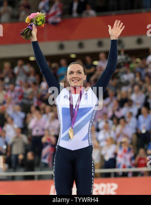 Great Britain's Victoria Pendleton celebrates her gold medal after winning the Women's Kerin cycling event at the Velodrome at the London 2012 Summer Olympics on August 03, 2012 in  London.     UPI/Hugo Philpott Stock Photo