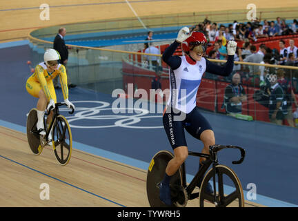 Great Britain's Victoria Pendleton celebrates winning the Women's Kerin cycling event at the Velodrome at the London 2012 Summer Olympics on August 03, 2012 in  London.     UPI/Hugo Philpott Stock Photo