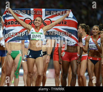 Jessica Ennis of Great Britain celebrates winning gold in the Women's Heptathlon at the London 2012 Summer Olympics on August 4, 2012 in London.    UPI/Terry Schmitt Stock Photo