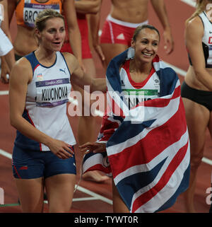 Great Britain's Jessica Ennis celebrates winning the gold medal in the Heptathlon on the second day of the Athletics in the Olympics stadium at the London 2012 Summer Olympics on August 4, 2012 in  London.     UPI/Hugo Philpott Stock Photo