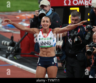 Great Britain's Jessica Ennis celebrates winning the gold medal in the Heptathlon on the second day of the Athletics in the Olympics stadium at the London 2012 Summer Olympics on August 4, 2012 in  London.     UPI/Hugo Philpott Stock Photo