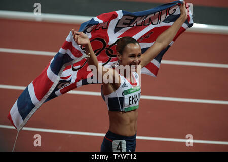 Great Britain's Jessica Ennis celebrates winning the gold medal in the Heptathlon on the second day of the Athletics in the Olympics stadium at the London 2012 Summer Olympics on August 4, 2012 in  London.     UPI/Hugo Philpott Stock Photo