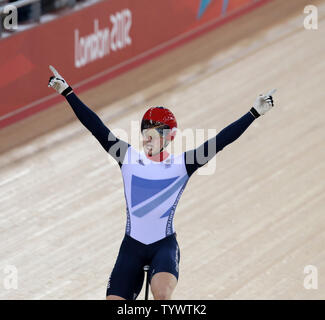 Great Britain's Jason Kenny celebrates victory over against France's Gregory Gauge in the final of the Men's Individual Sprint event at the Velodrome at the London 2012 Summer Olympics on August 6, 2012 in  London.     UPI/Hugo Philpott Stock Photo