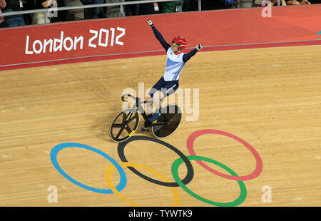 Great Britain's Jason Kenny celebrates victory against France's Gregory Gauge in the final of the Men's Individual Sprint event at the Velodrome at the London 2012 Summer Olympics on August 6, 2012 in  London.     UPI/Hugo Philpott Stock Photo