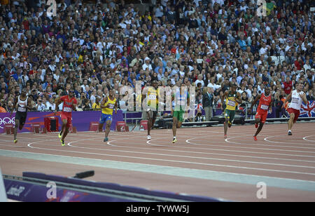 Usain Bolt of Jamaica (fourth from left) leads the pack in the Men's 200M Semifinals at the London 2012 Summer Olympics on August 8, 2012 in Stratford, London. Bolt finished with a time of 20.18 seconds to qualify for the final.     UPI/Brian Kersey Stock Photo