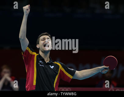 Germany's Timo Boll celebrates victory over Hong Kong China in his Bronze medal table tennis match at the London 2012 Summer Olympics on August 8, 2012 in London.     UPI/Hugo Philpot Stock Photo