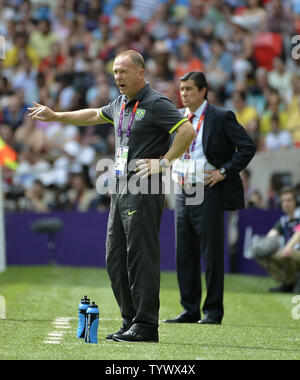 Head coach Mano Menezes of Brazil instructs his team during the first half of the Gold Medal Football Match against Mexico at the London 2012 Summer Olympics on August 11, 2012 at Wembley Stadium, London. Mexico defeated Brazil 2-1 to win the Gold Medal.      UPI/Brian Kersey Stock Photo