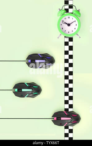 Metaphor of a sports race among computer mouses approaching the checkered finish line under the timer clock. The concept of eSports, high-speed hardwa Stock Photo