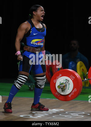 Mercedes Pérez of Columbia reacts to a good lift at Women's 63 Kg Weightlifting at the 2016 Rio Summer Olympics in Rio de Janeiro, Brazil, August 9, 2016. PŽrez ranked fourth in the competition.    Photo by Terry Schmitt/UPI Stock Photo