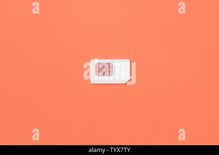 Subscriber identity module. New white SIM card on bright coral red color background. Minimal flat lay top view Stock Photo