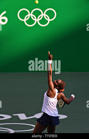 Venus Williams of the United States serves during the Mixed Doubles Gold Medal Tennis Match at the Olympic Tennis Stadium at the 2016 Rio Summer Olympics in Rio de Janeiro, Brazil, on August 14, 2016.            Photo by Richard Ellis/UPI.. Stock Photo